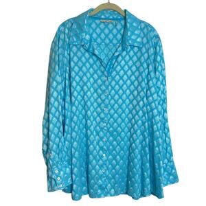 Soft Surroundings Womens 2X Blouse Turquoise Blue Button Front Embroidered